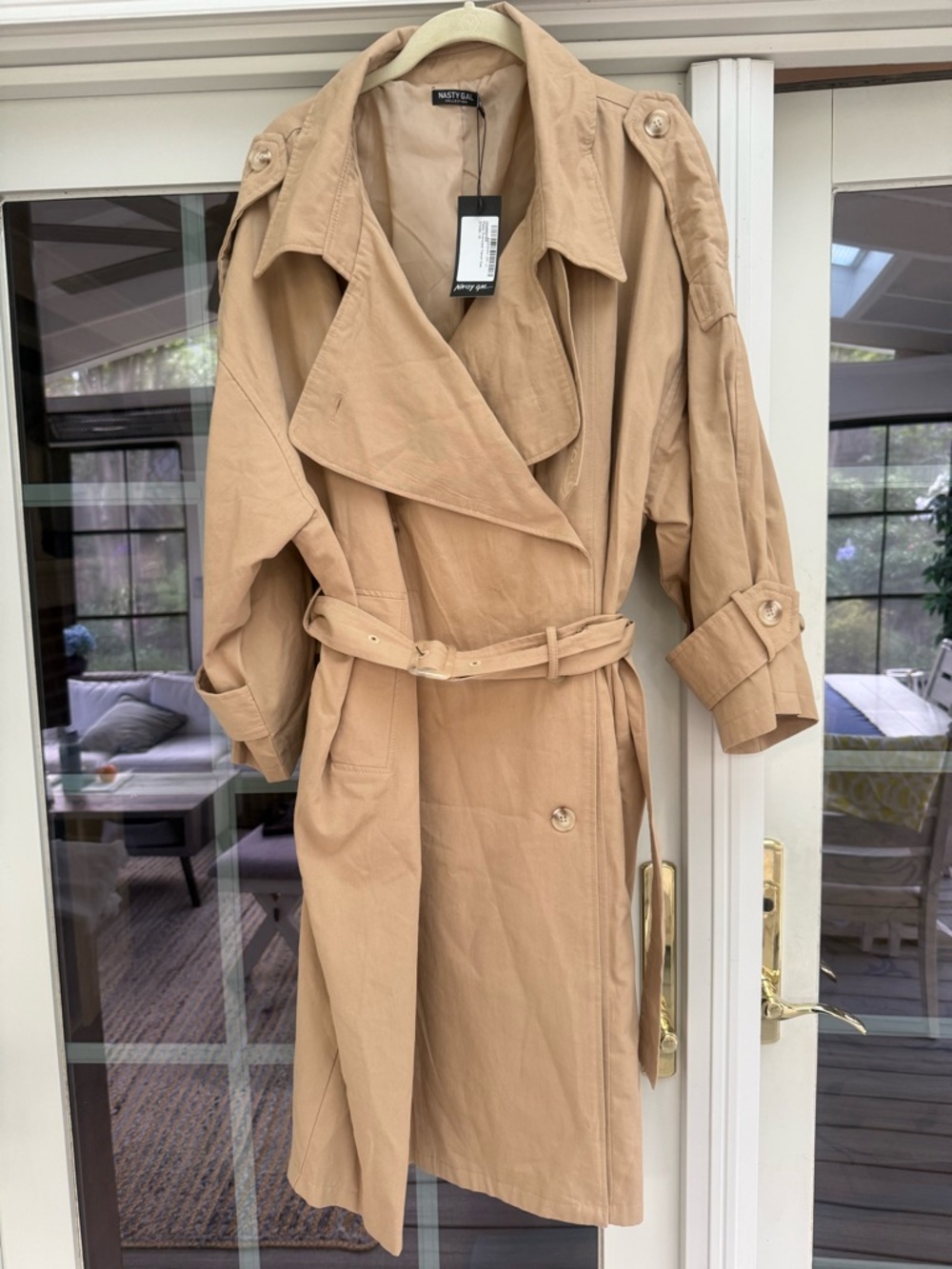 Nasty Gal Tan Double-Breasted Trench Coat with Belt Sz US 6